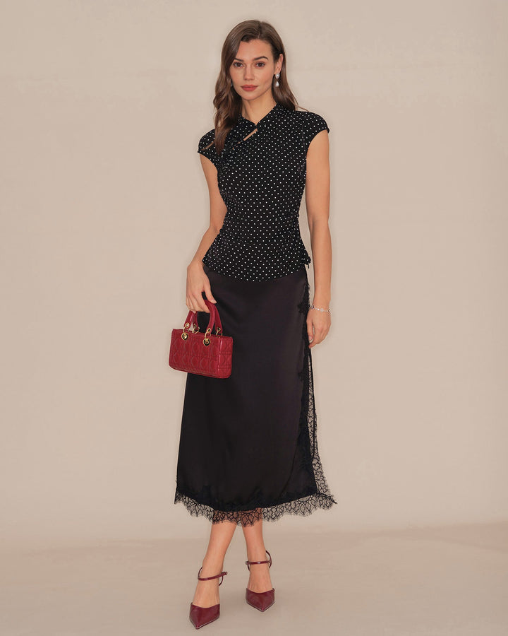 Black Polka Dot Mandarin Collar Tee