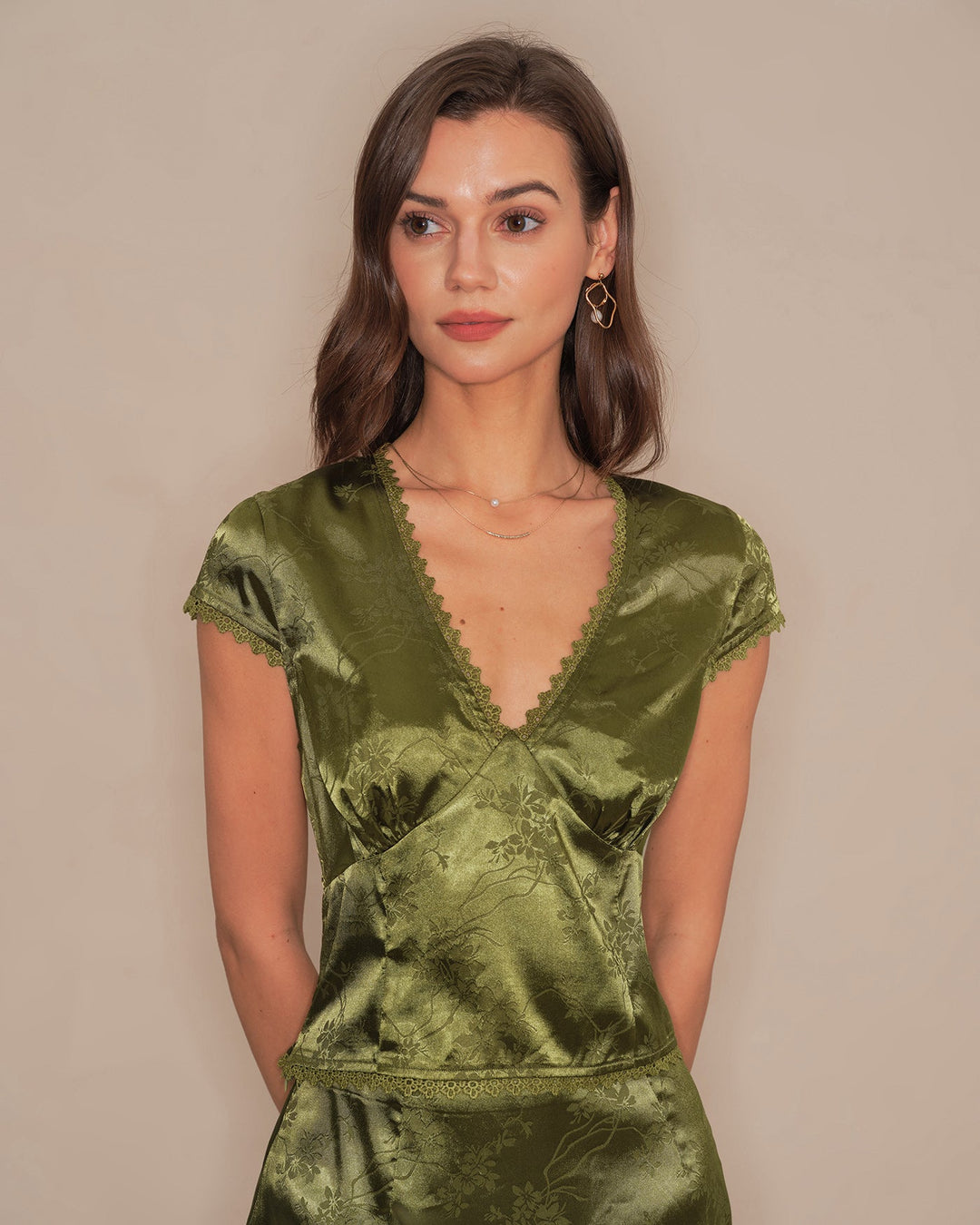 Green V Neck Floral Satin Tee