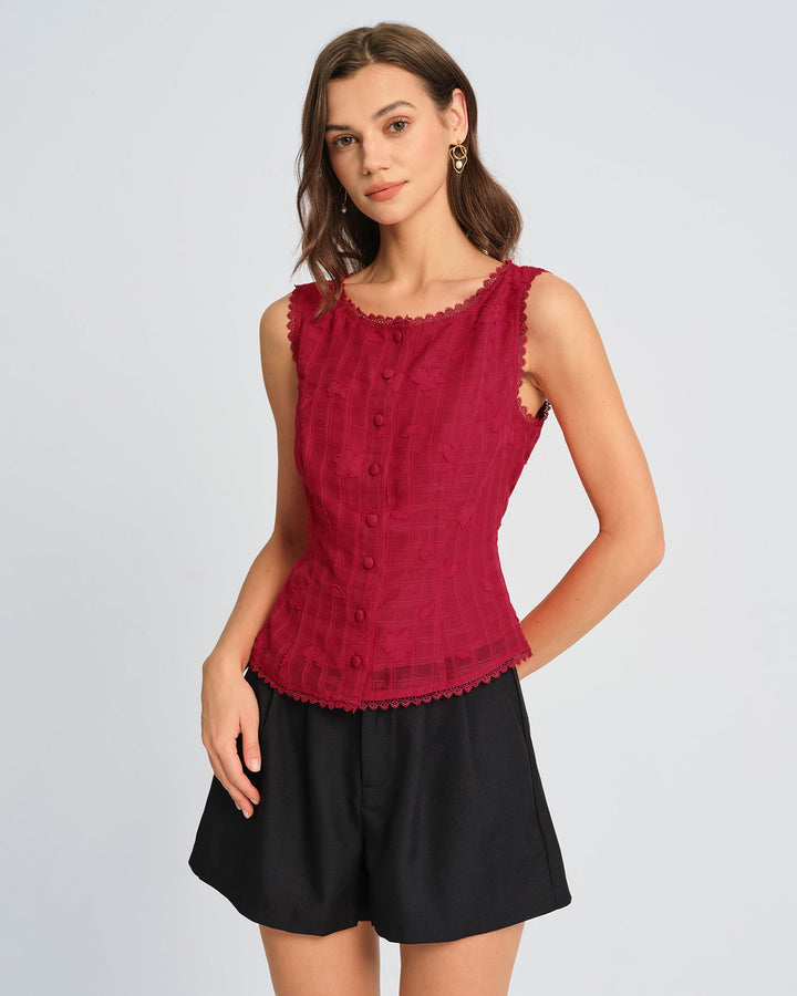 Red Jacquard Round Neck Vest