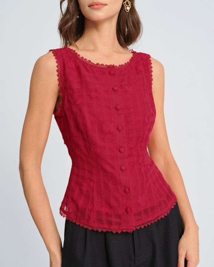 Red Jacquard Round Neck Vest