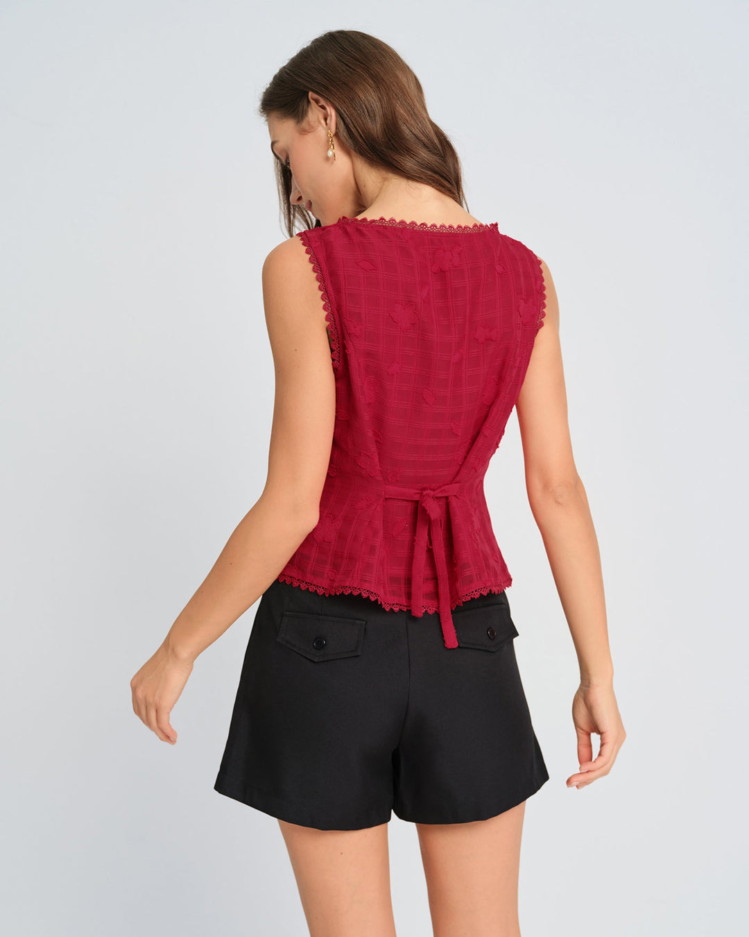 Red Jacquard Round Neck Vest