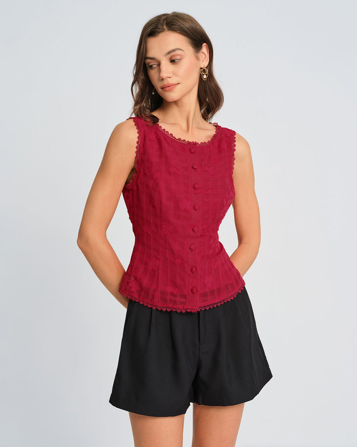 Red Jacquard Round Neck Vest