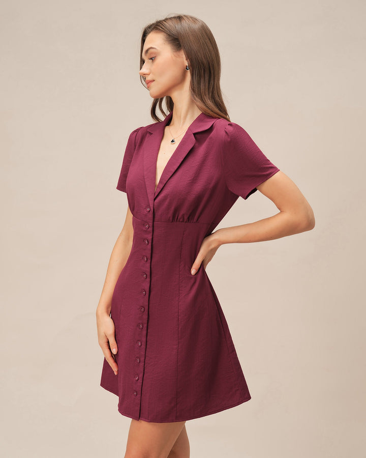 Red V Neck Button Mini Dress
