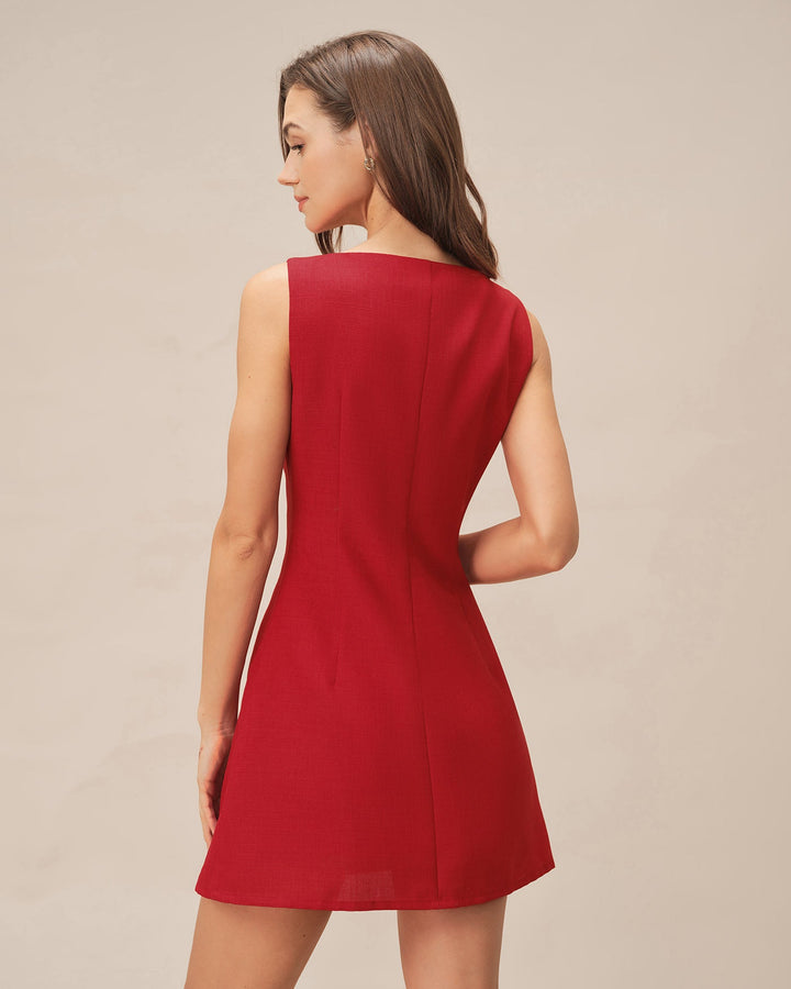 Red Boat Neck Button Mini Dress