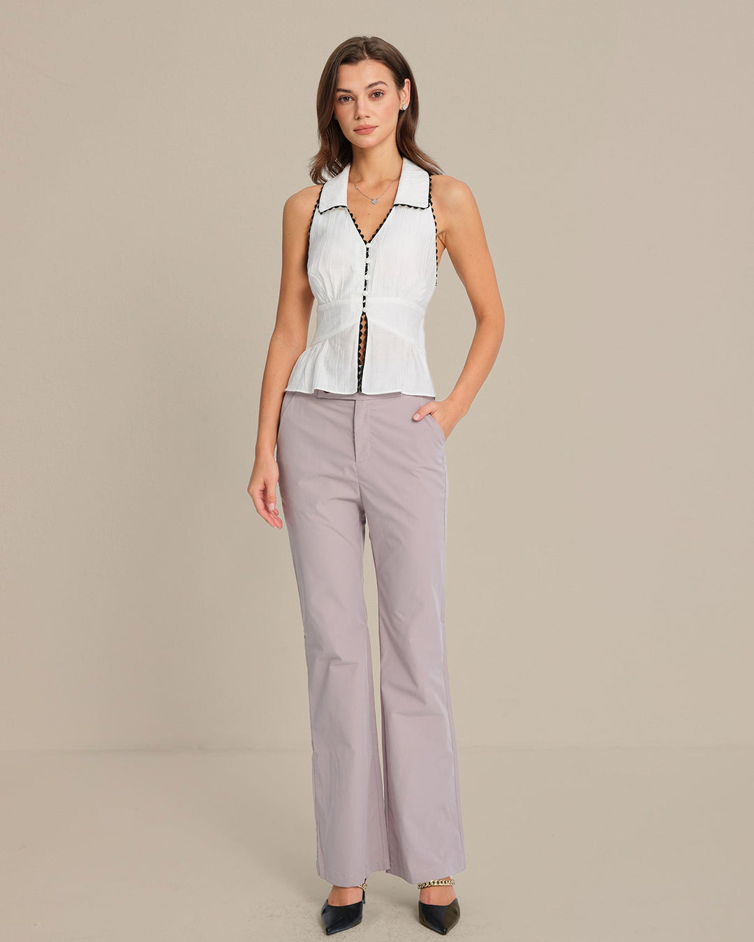 White Collar Button Tank Top